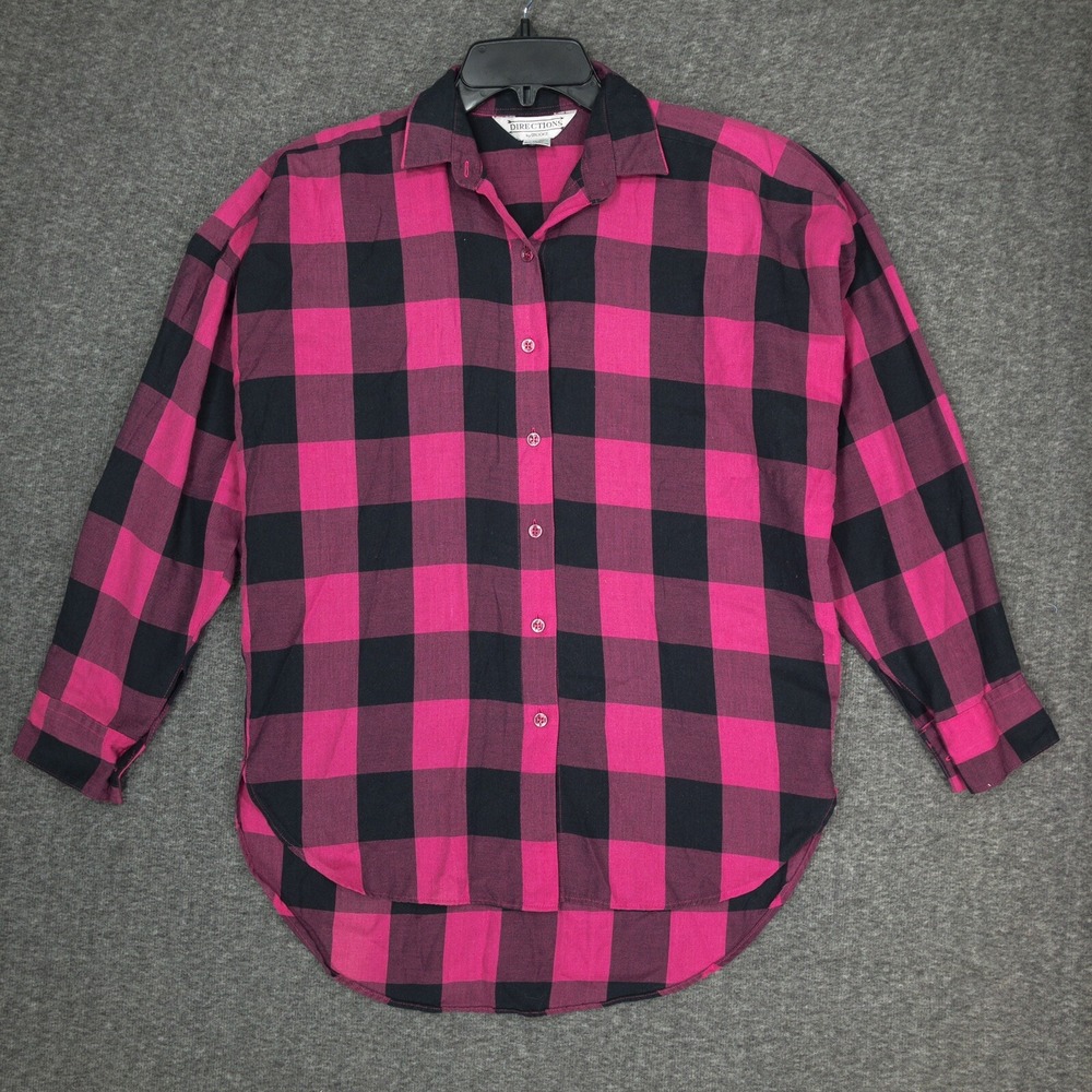 Vintage Directions by Brooks Womens M Pink Black Plaid Button Up Shirt Grunge